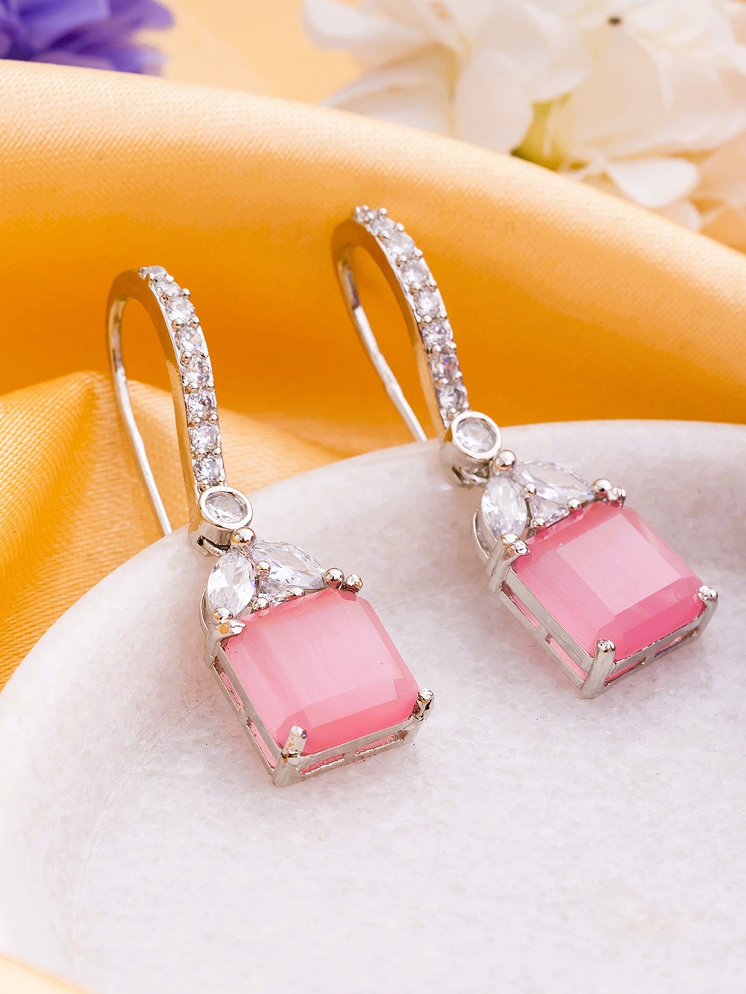 

Manikya Rhodium-Plated American Diamond Studded Square Shaped Drop Earrings, Silver