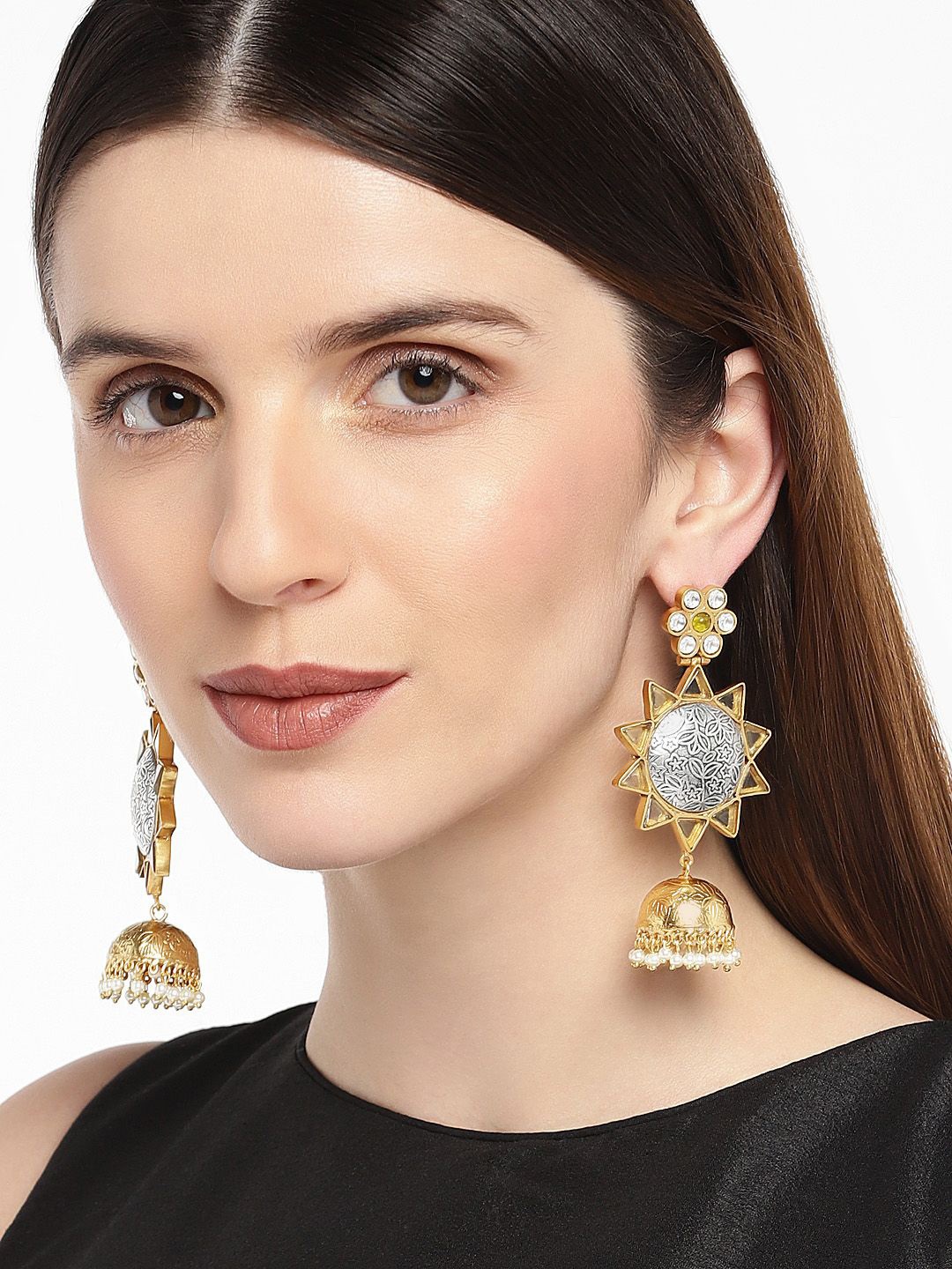 

House of Pataudi German Silver Kundan Studded & Pearls Beaded Dome Shaped Drop Earring