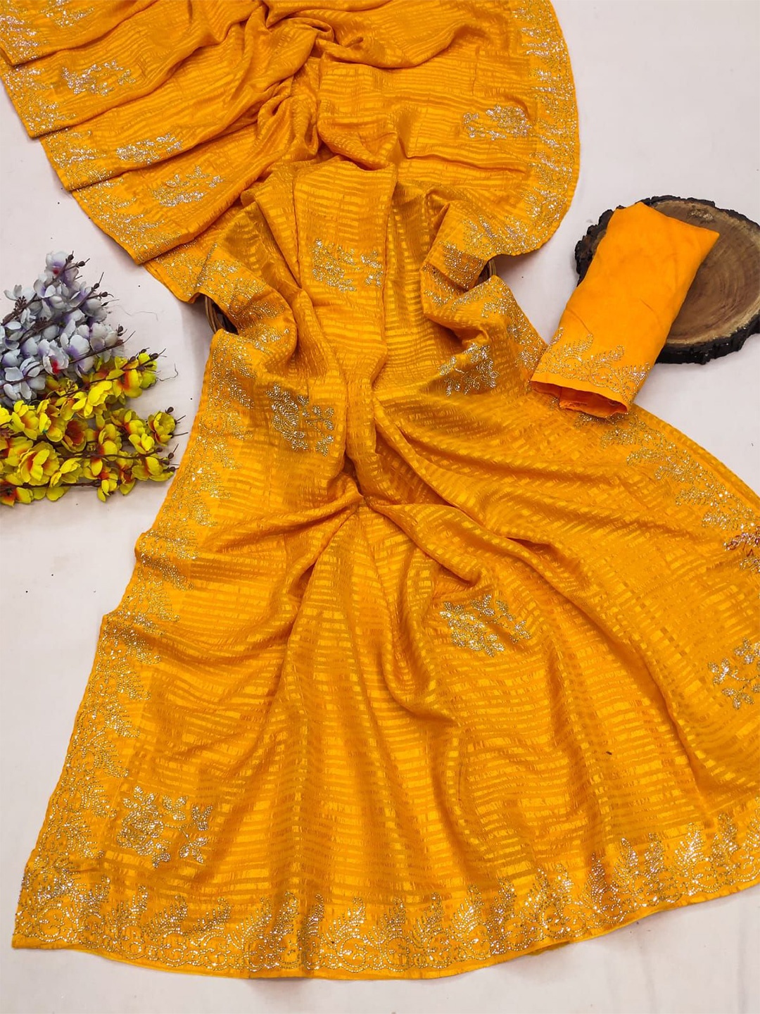 

KEERAT FASHION Embellished Beads and Stones Poly Georgette Designer Saree, Yellow