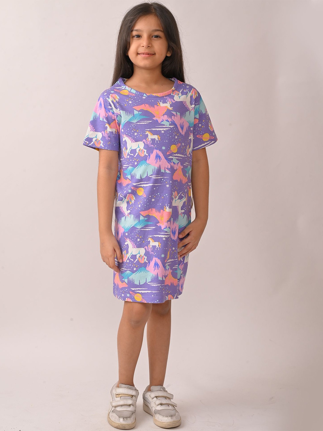 

Anthrilo Girls Summer Unicorn Planet Printed Casual T-shirt Knee Length Dress, Purple