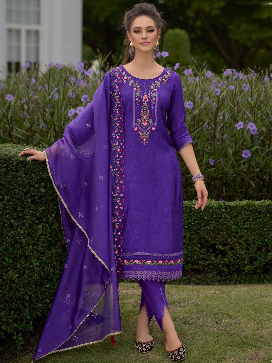 

Varanga Floral Embroidered Round Neck Straight Kurta With Dhoti & Dupatta, Purple