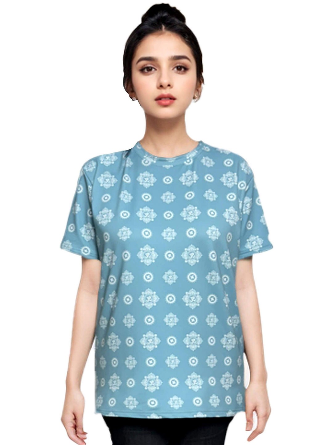 

MAATIR DESIGNS Women Printed Round Neck Drop-Shoulder Sleeves Tshirt, Blue