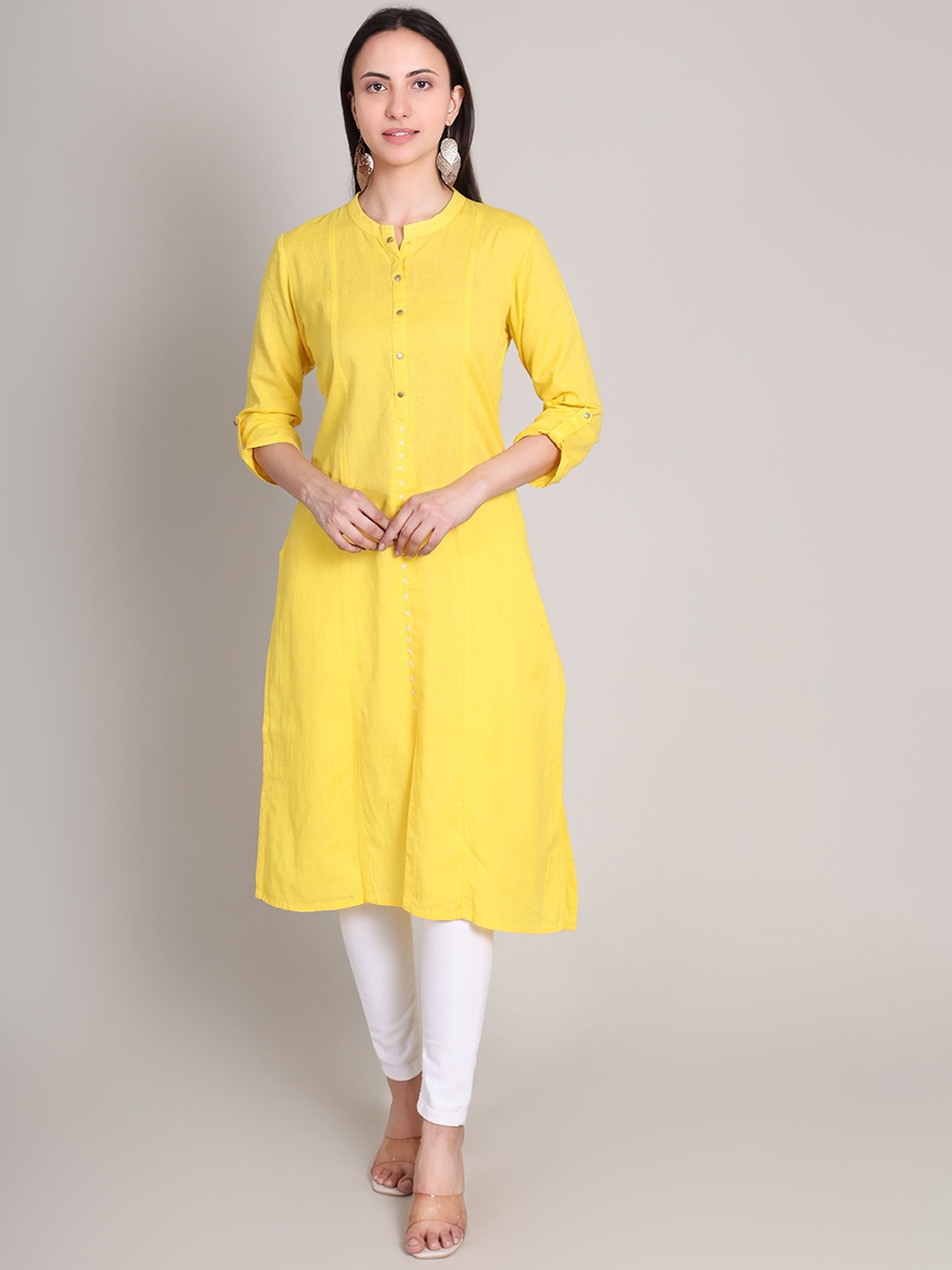 

DELIS Mandarin Collar Linen A-Line Kurta, Yellow