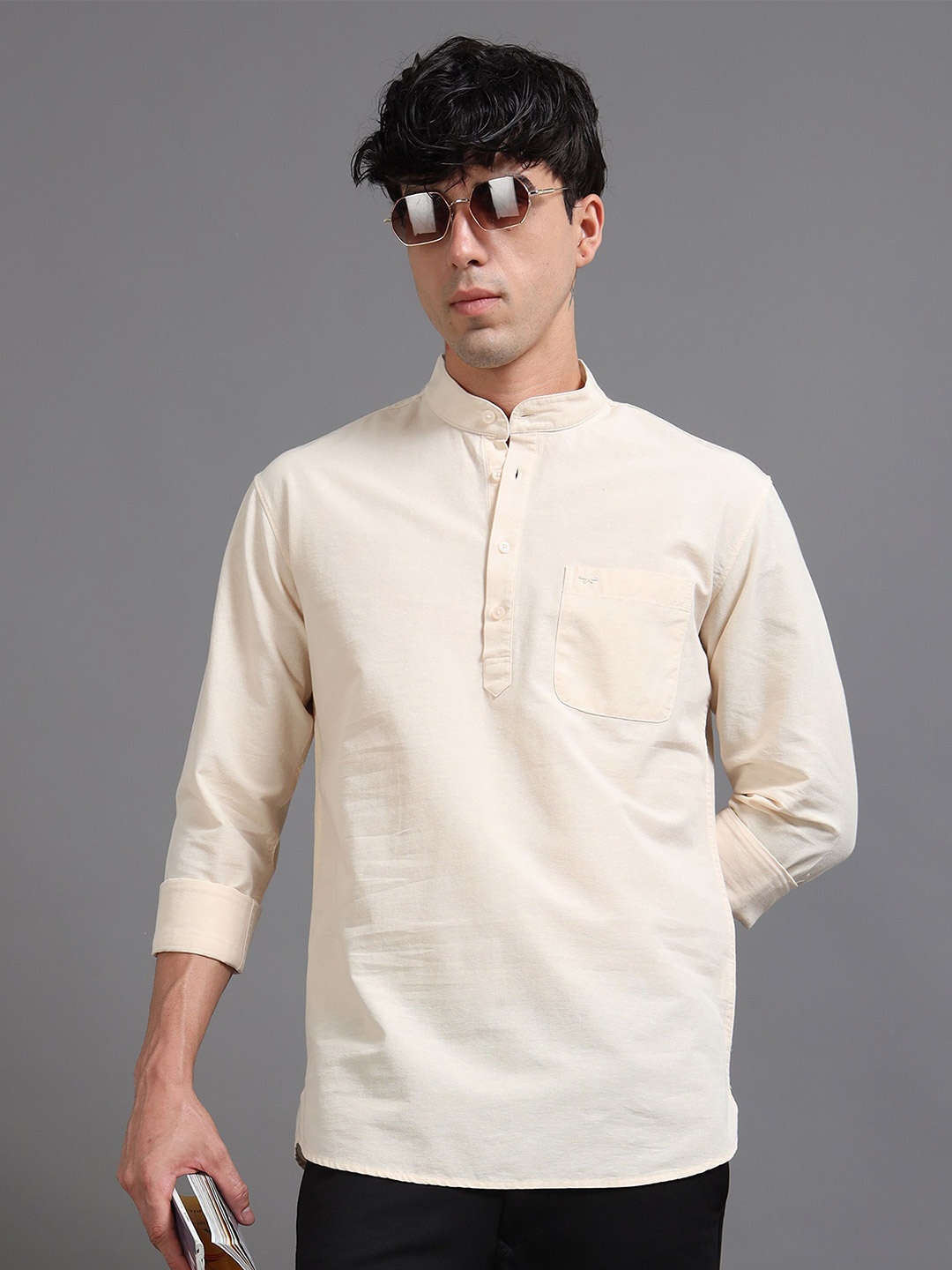 

RIGS AND RAGS Men Classic Fit Mandarin Collar Solid Linen Casual Shirt, Beige