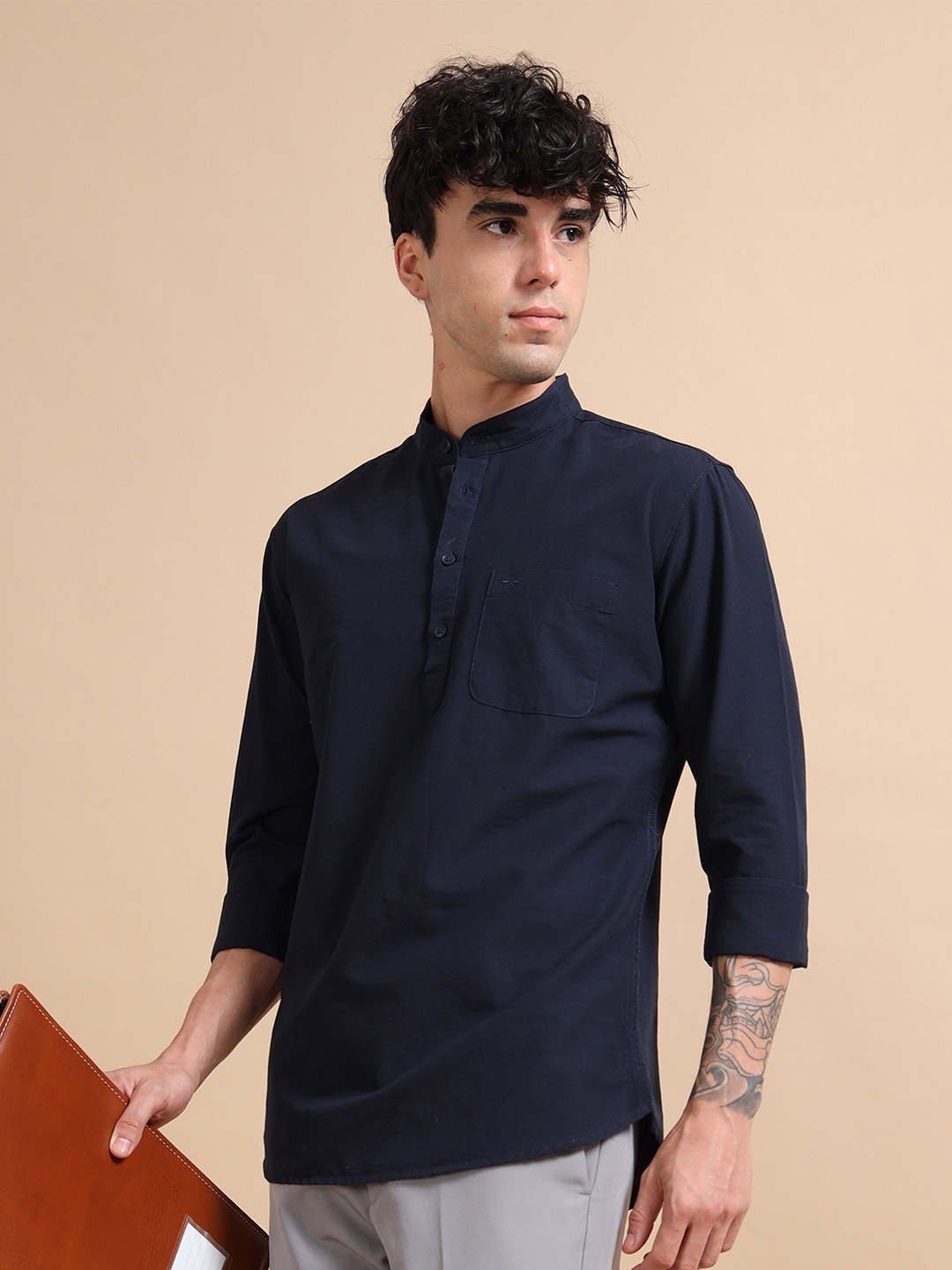 

RIGS AND RAGS Men Classic Fit Mandarin Collar Solid Linen Casual Shirt, Navy blue