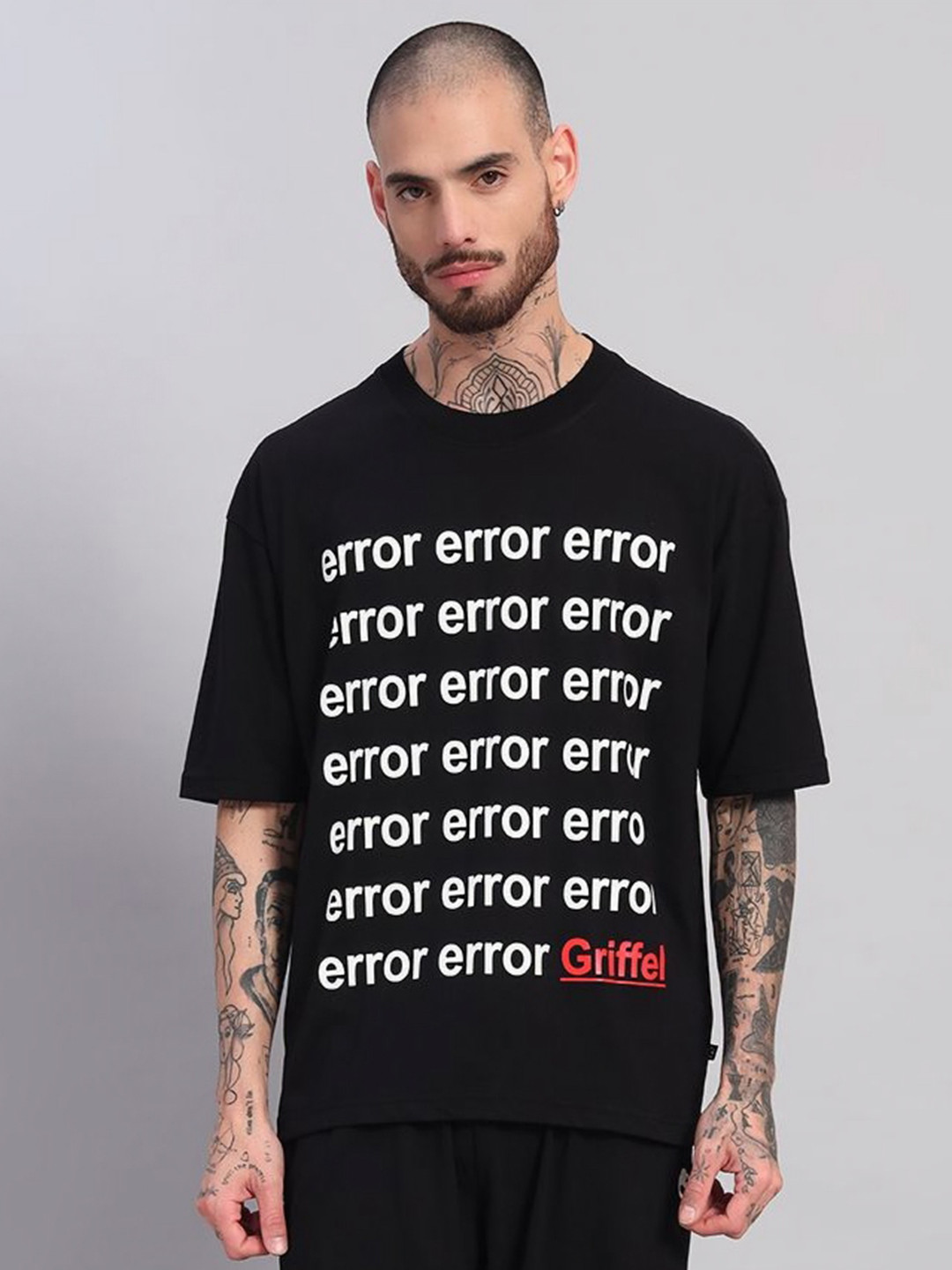 

GRIFFEL Men Printed Drop-Shoulder Sleeves Ultralite T-shirt, Black