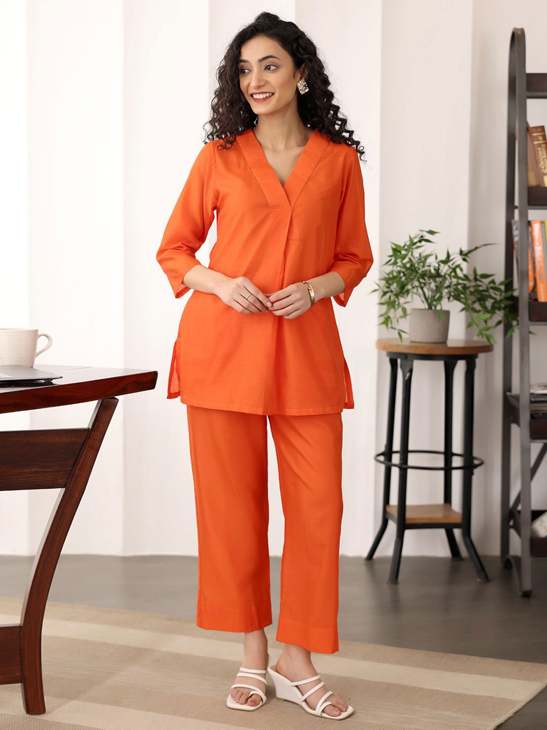 

Ambraee V-Neck Three Quarter Sleeve Chanderi Tunic With Trouser Co-Ords Set, Orange