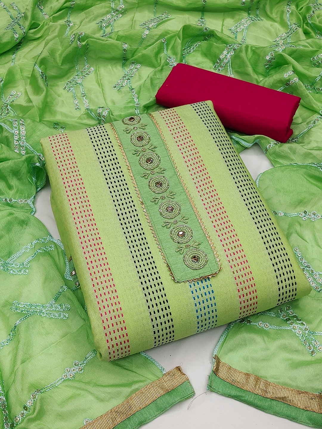 

HERE&NOW Striped Embroidered Beads & Stones Cotton Unstitched Dress Material, Lime green