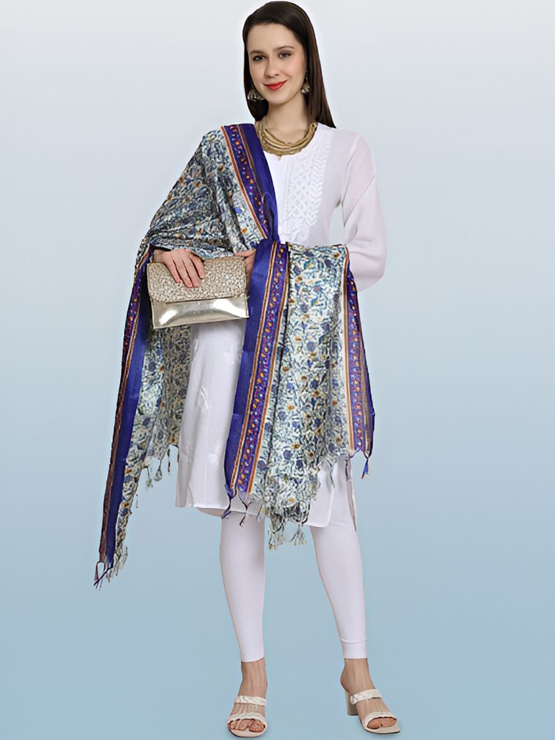 

LOOM LEGACY Floral Printed Jaipuri Dupatta, Blue
