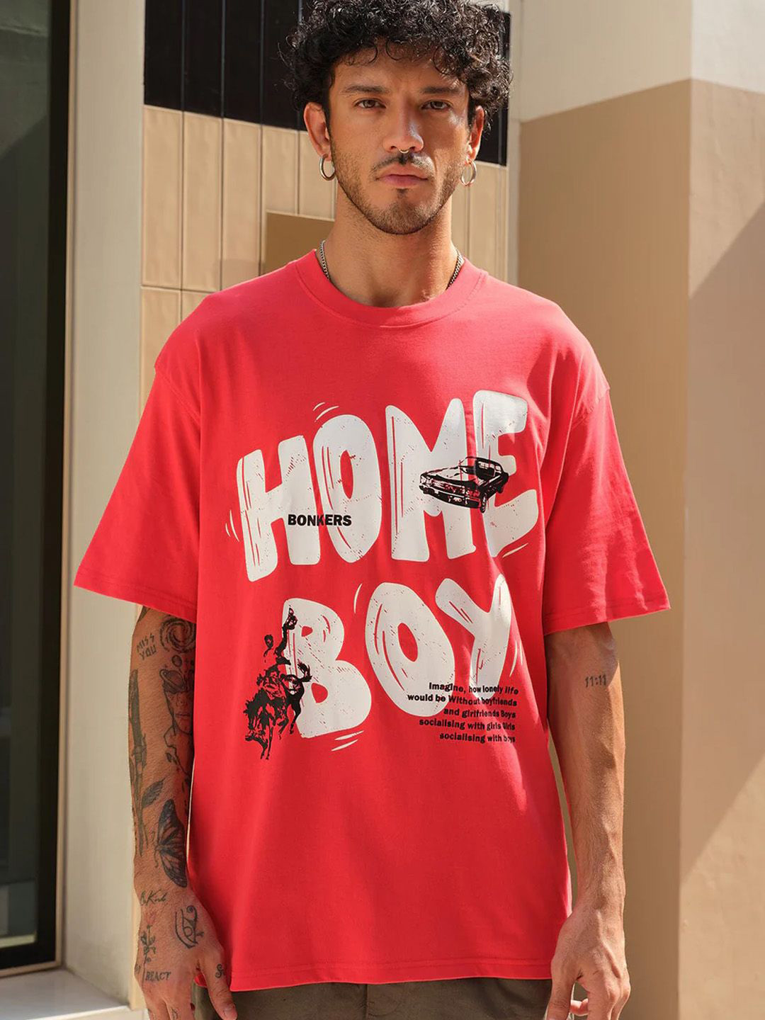 

Bonkers Corner Men Typography Printed Drop-Shoulder Sleeves T-shirt, Red