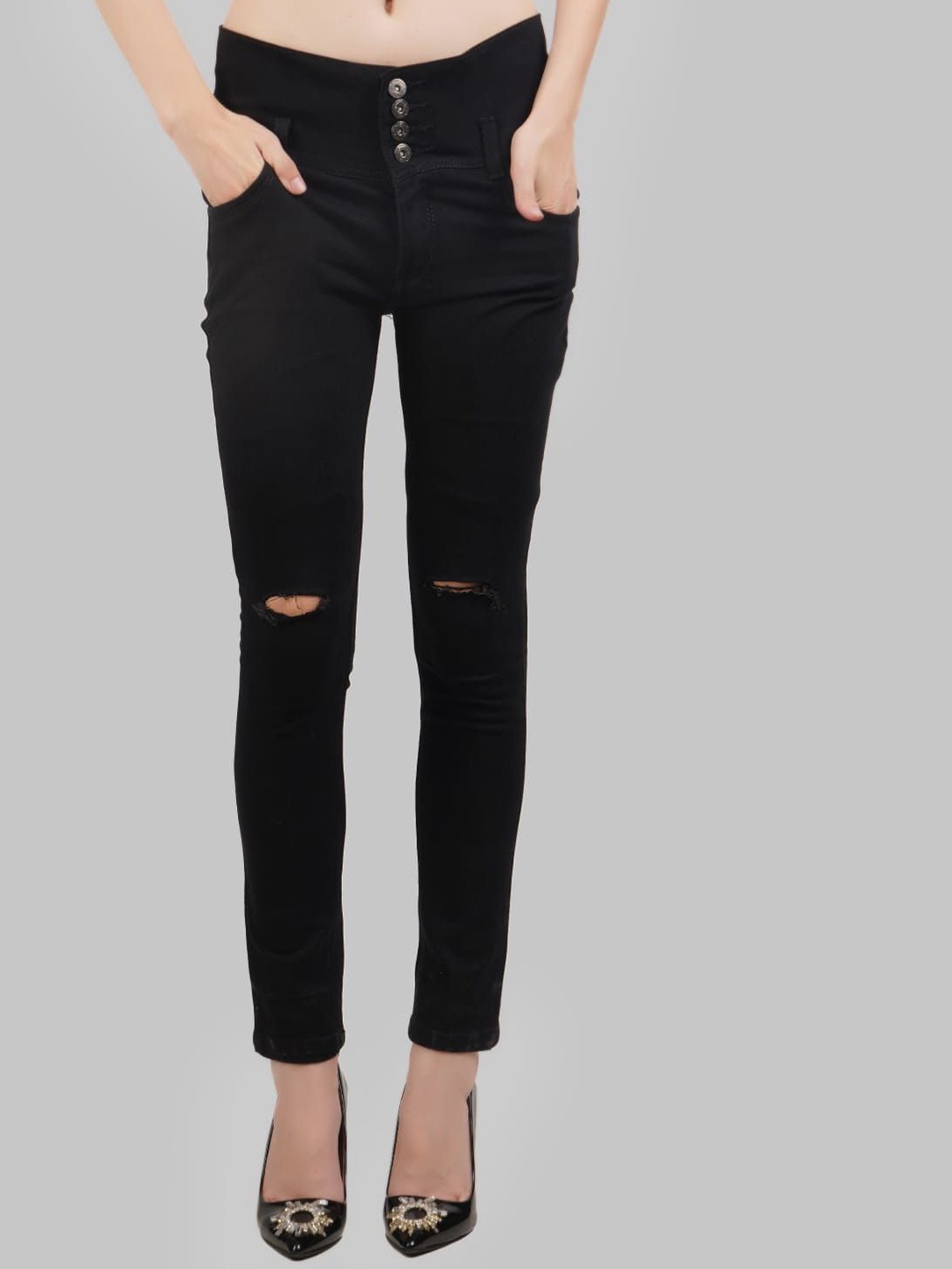 

LINARIA Women Cotton Classic Low-Rise Slash Knee Slim Fit Jeans, Black