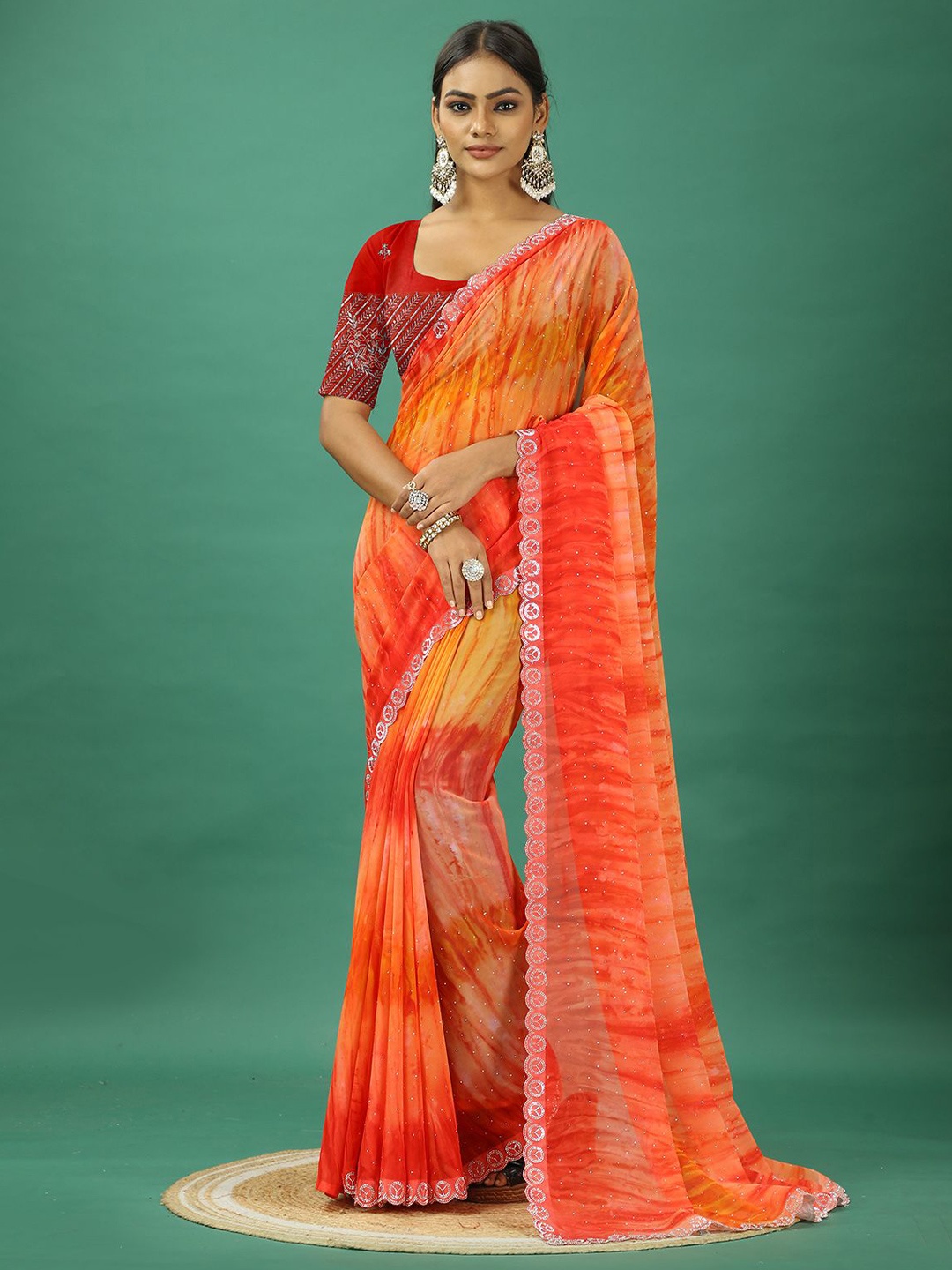 

VIRENDRA TEXTILES Embellished Beads and Stones Pure Georgette Saree, Orange