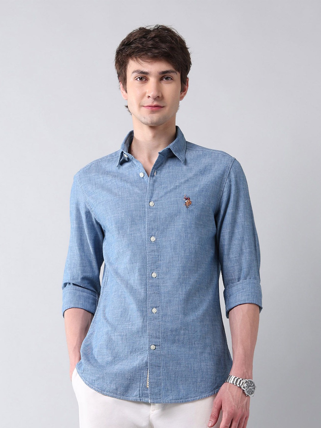 

U.S. Polo Assn. Denim Co. Men Classic Regular Fit Spread Collar Solid Cotton Casual Shirt, Blue