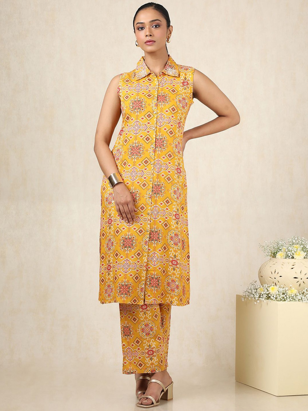 

Soch Ethnic Motifs Printed High Slit Shirt Collar Sequinned Straight Kurta With Trousers, Mustard