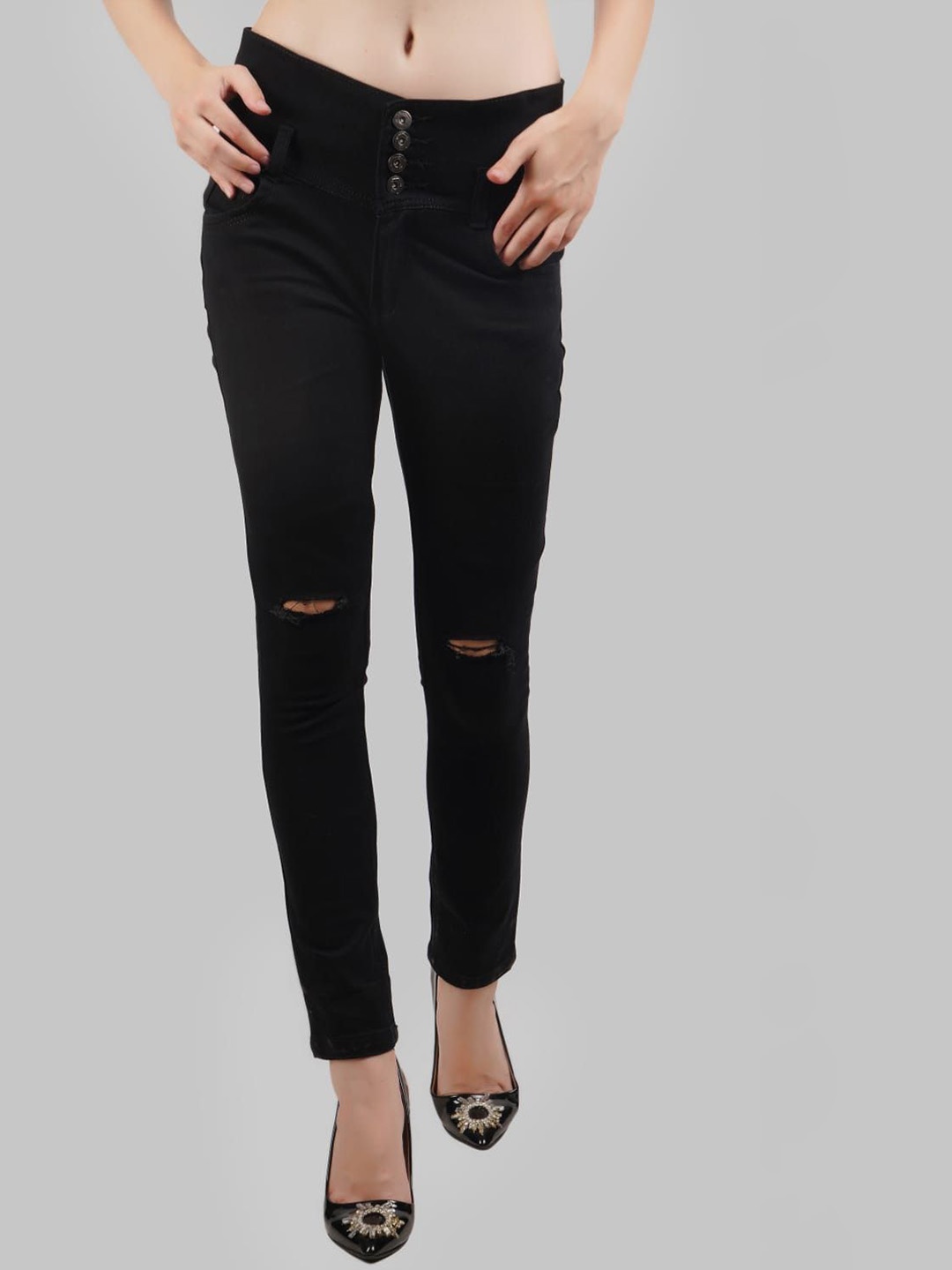 

LINARIA Women Classic Straight Fit Slash Knee Jeans, Black