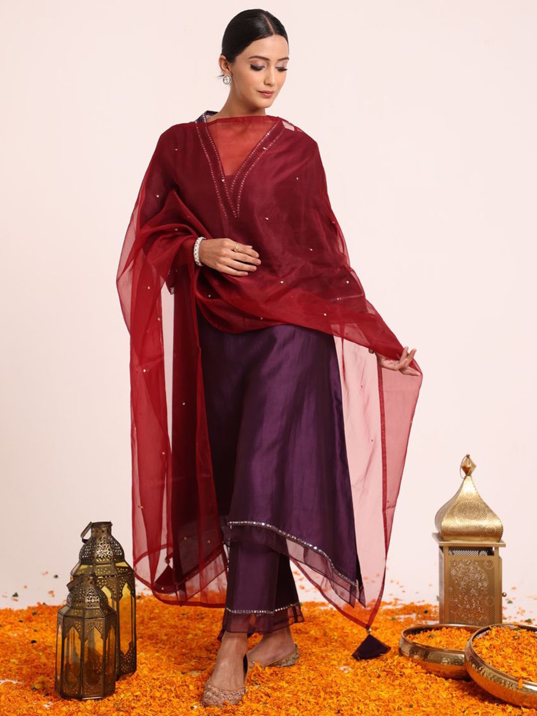 

House of Nitya Floral Embroidered V-Neck Chanderi Silk Kurta With Palazzos & Dupatta, Purple