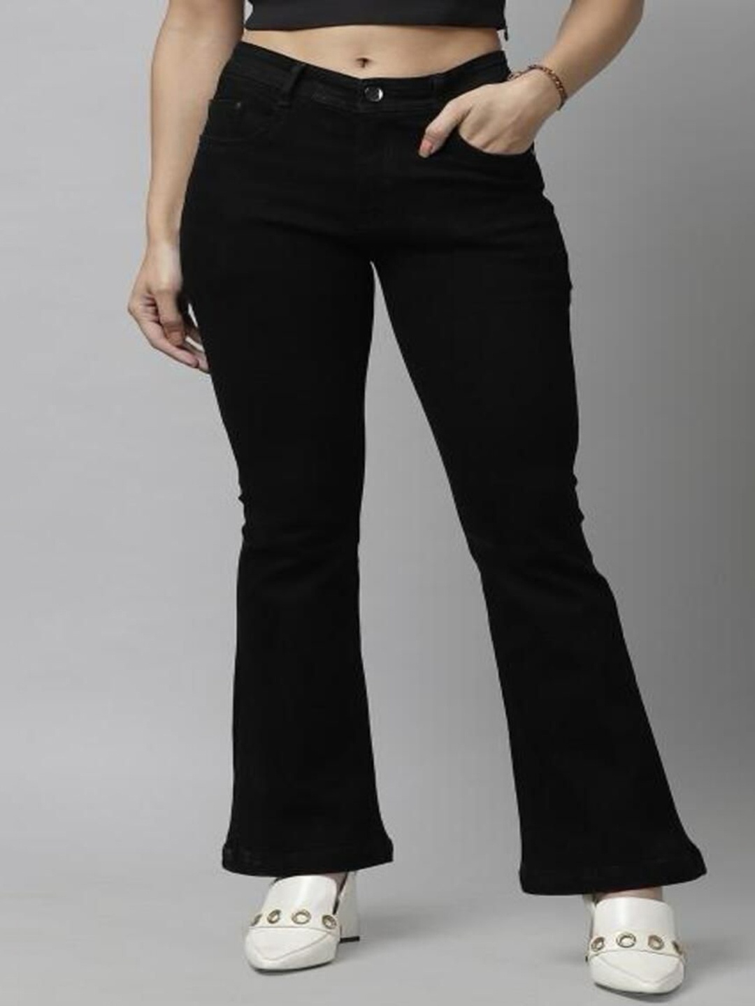 

1DAYJEANS Women Bootcut High-Rise Slash Knee Stretchable Jeans, Black