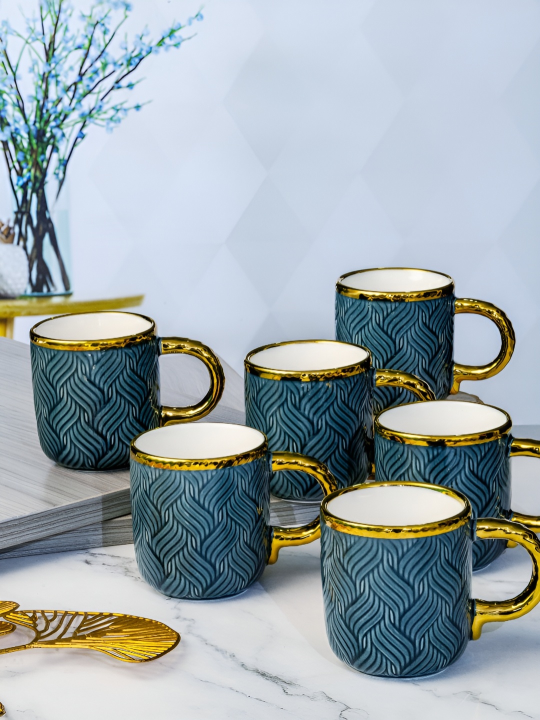 

Roxx Black & Blue Printed 6 Pieces Dishwasher Safe Porcelain Glossy Finish Mugs 180ml, Teal