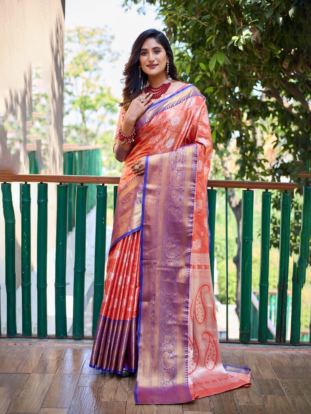 

House of Pataudi Woven Design Banarasi Saree With Blouse Piece, Orange