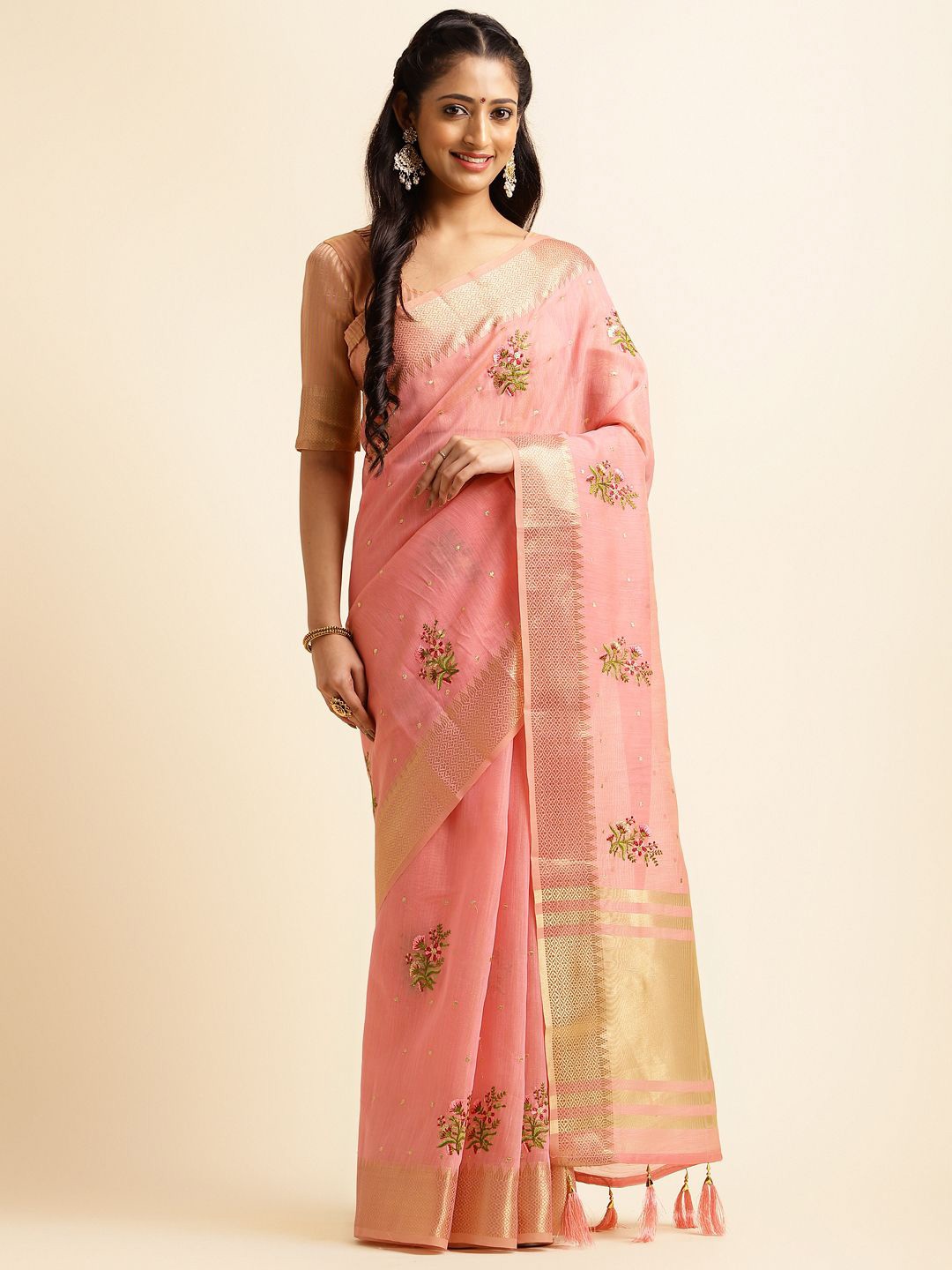 

VIRENDRA TEXTILES Woven Design Zari Pure Cotton Saree, Pink