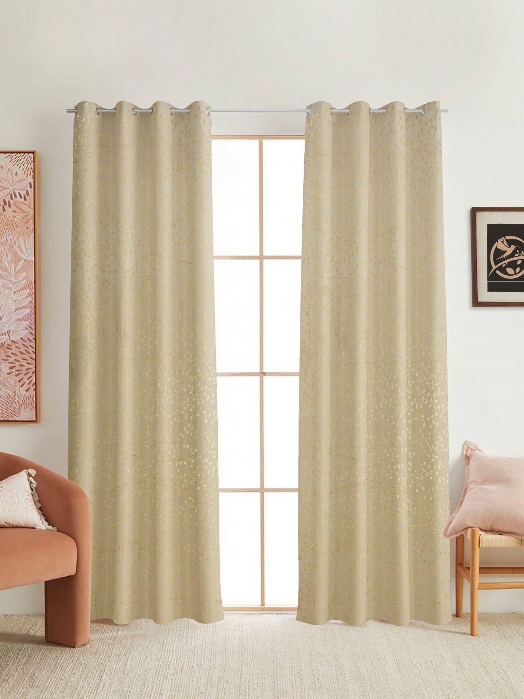

Galaxy Home Decor Cream-Coloured 2 Pieces Floral Printed Room Darkening Long Door Curtain