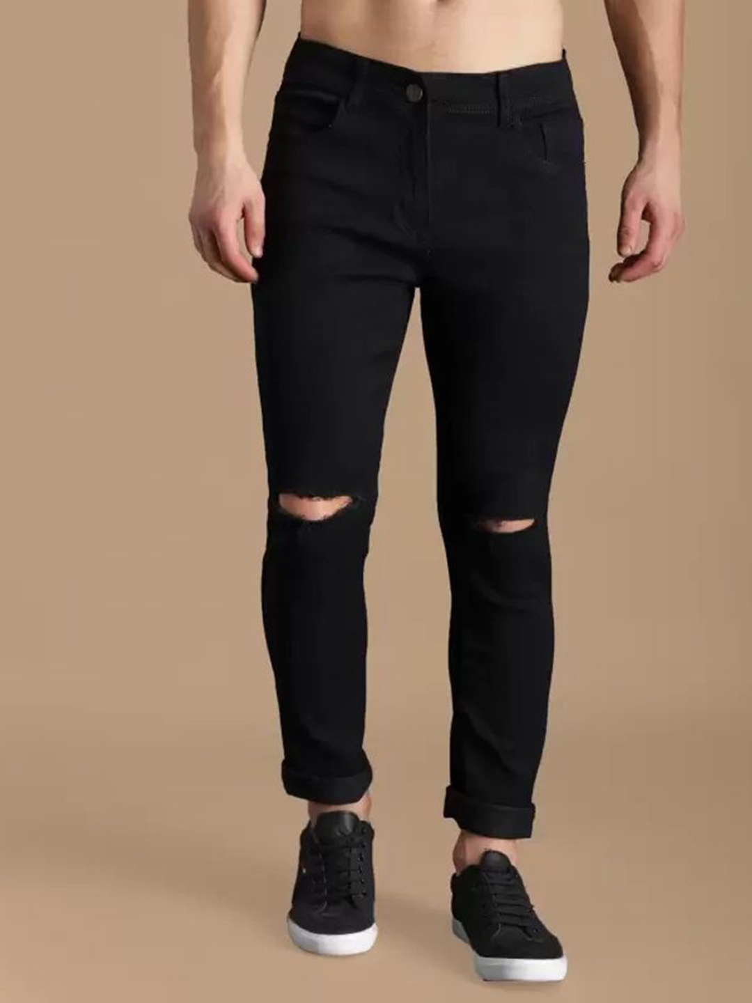 

LINARIA Men Cotton Classic Regular Fit Low-Rise Slash Knee Jeans, Black