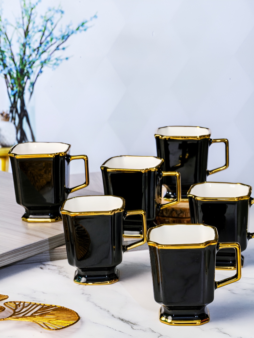 

Roxx Black Printed 6 Pieces Dishwasher Safe Porcelain Glossy Finish Mugs 180ml