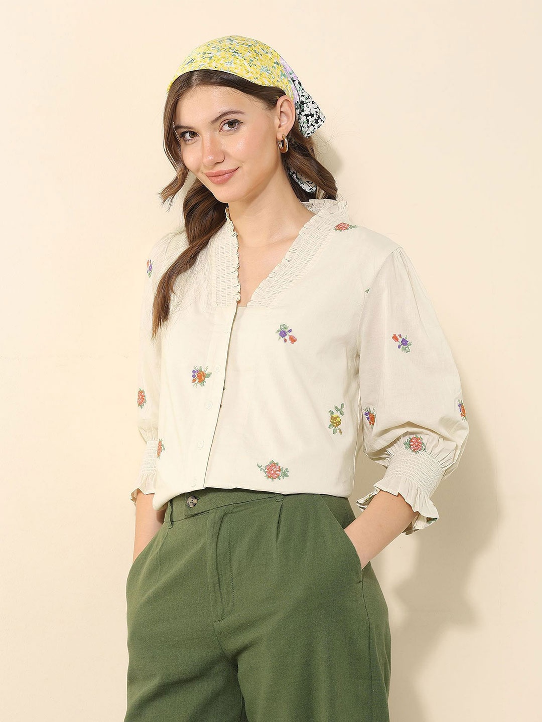 

U.S. Polo Assn. Women Floral Embroidered Pure Cotton Shirt Style Top, Off white