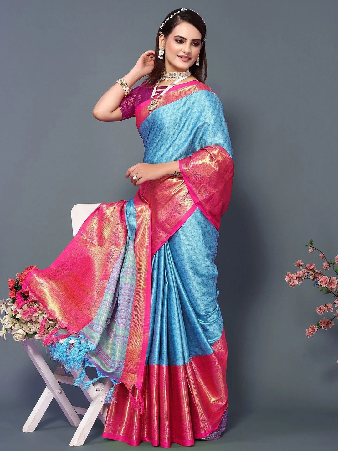 

SILKWEAR Ethnic Motifs Zari Narayan Peth Saree, Blue