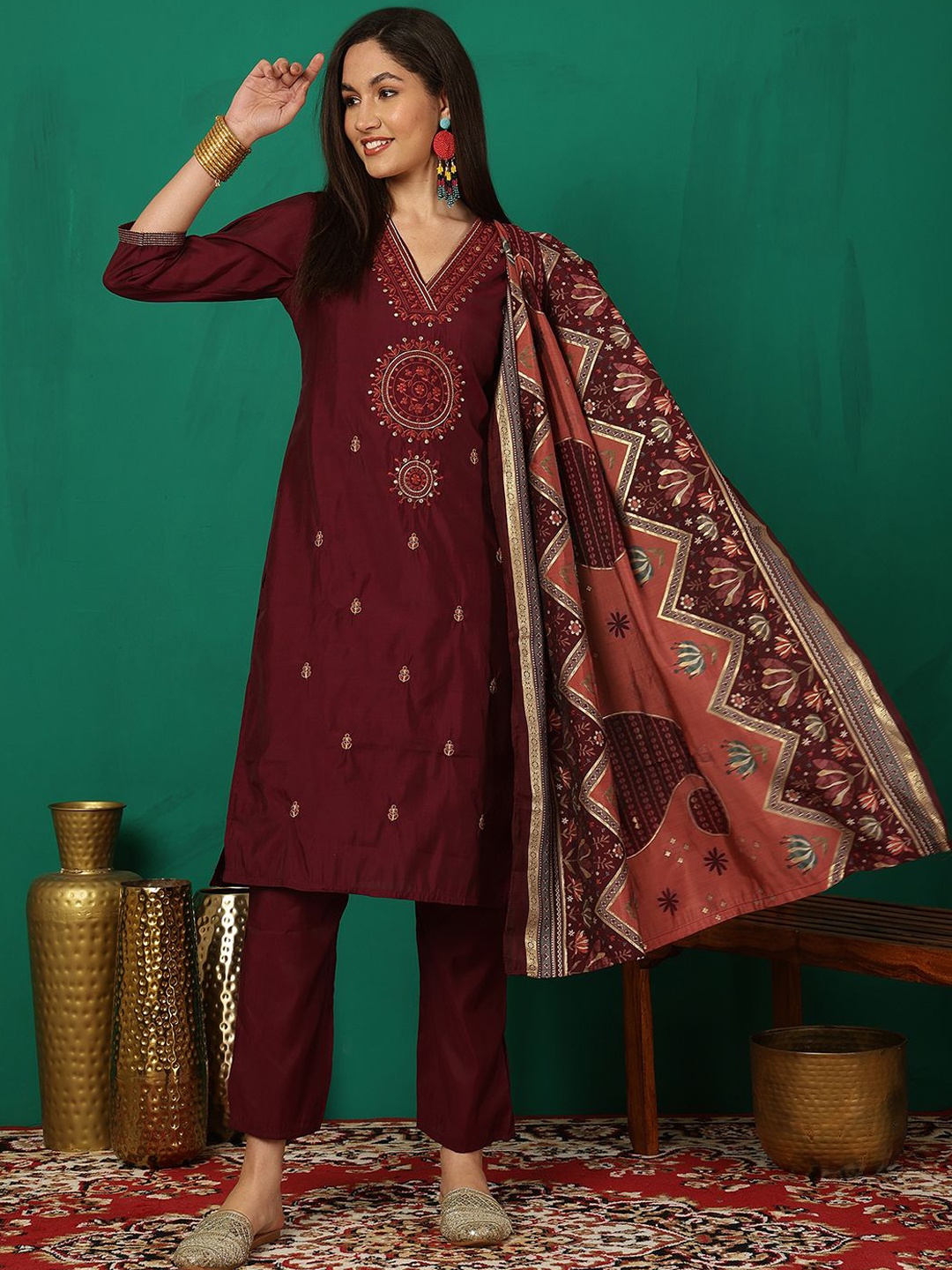 

Sangria Embroidered V-Neck Pure Silk Straight Kurta With Trouser & Dupatta, Maroon