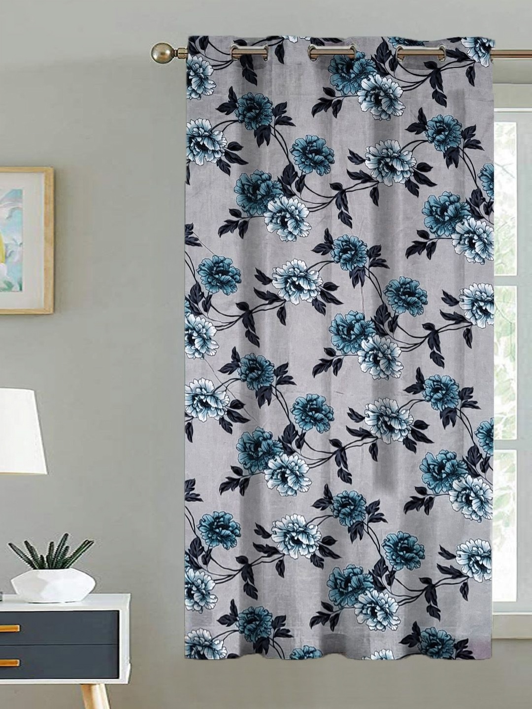 

ANA White & Blue Floral Printed Room Darkening Cotton Window Curtain
