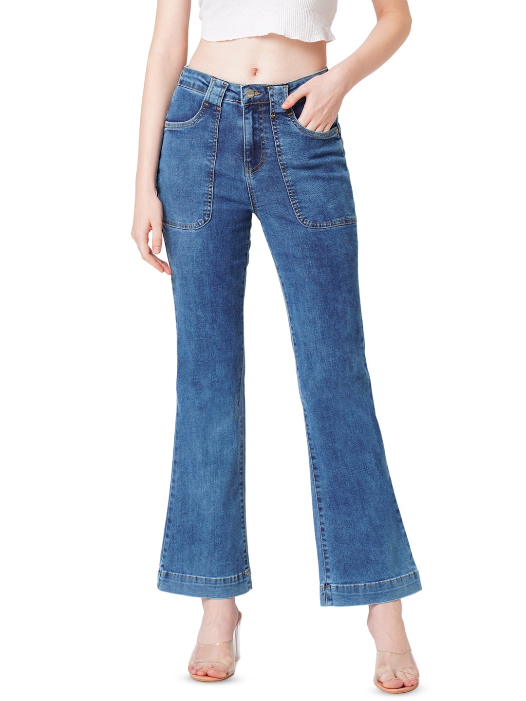 

Kraus Jeans Women Flared High-Rise Light Fade Jeans, Blue