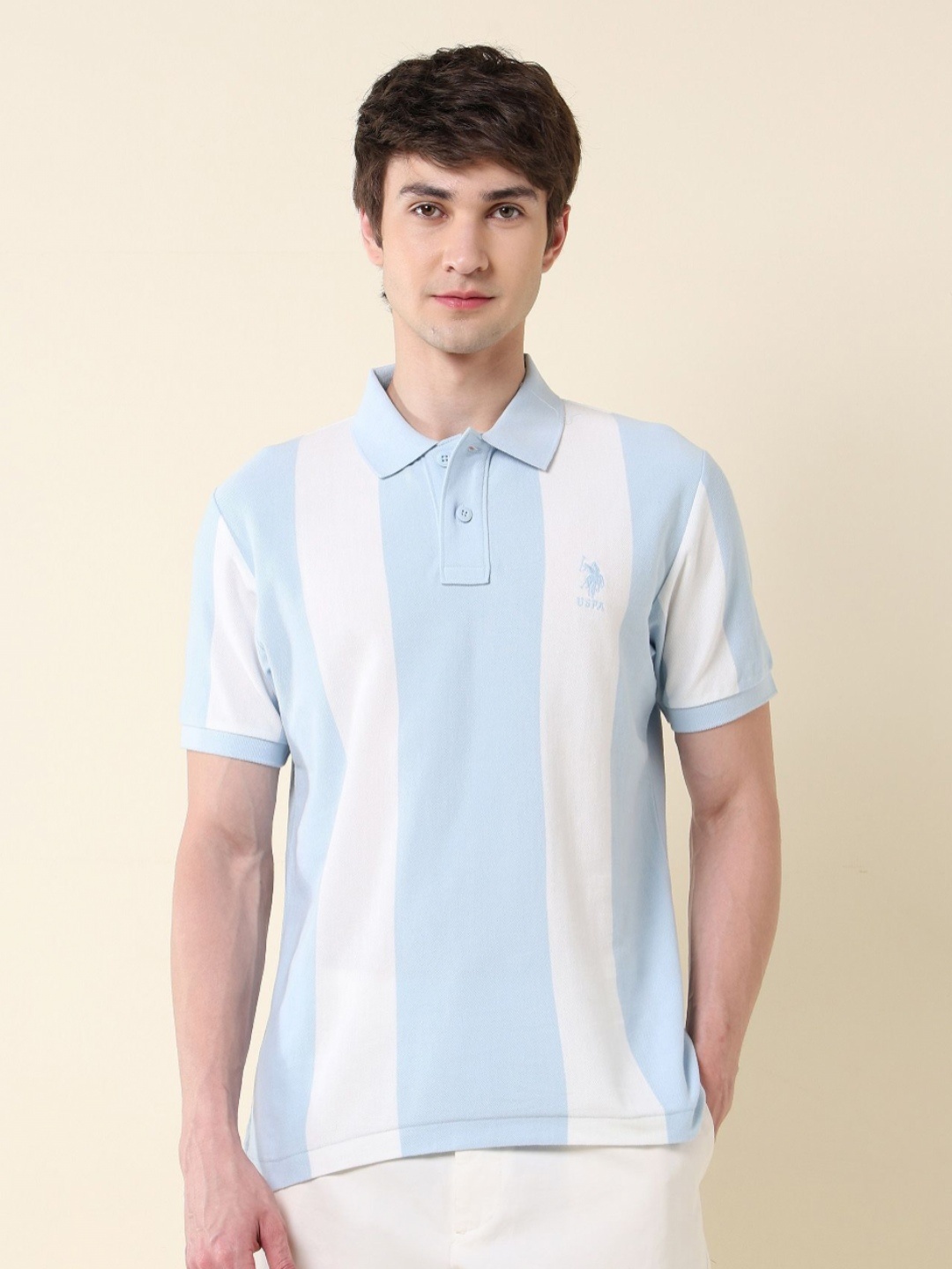 

U.S. Polo Assn. Men Striped Polo Collar Applique Slim Fit T-shirt, Blue