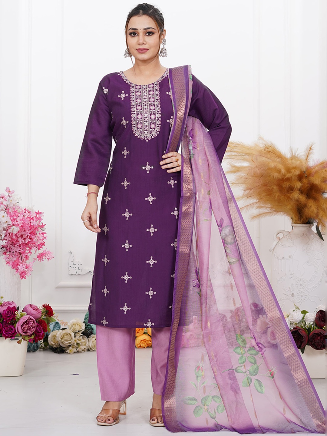 

Maheesha Ethnic Motifs Embroidered Thread Work Round Neck Kurta With Trousers & Dupatta, Purple