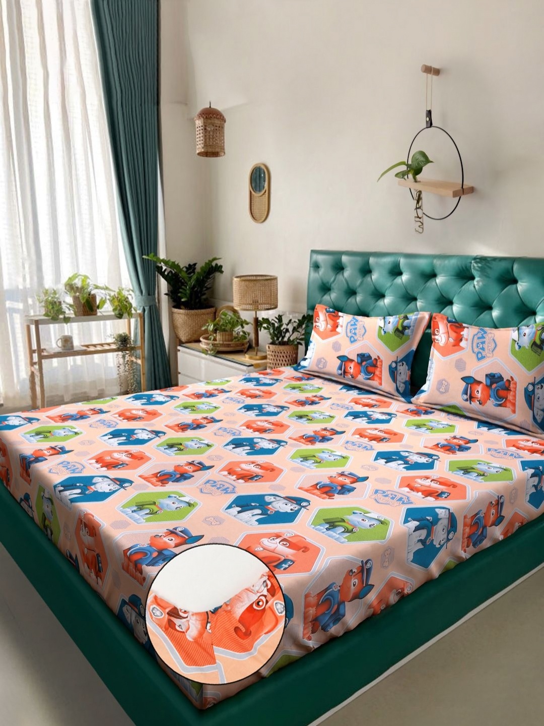 

KLOTTHE Beige & Blue Printed Pure Cotton 400 TC Double Bedsheet Set 2.5 m x 2.25 m