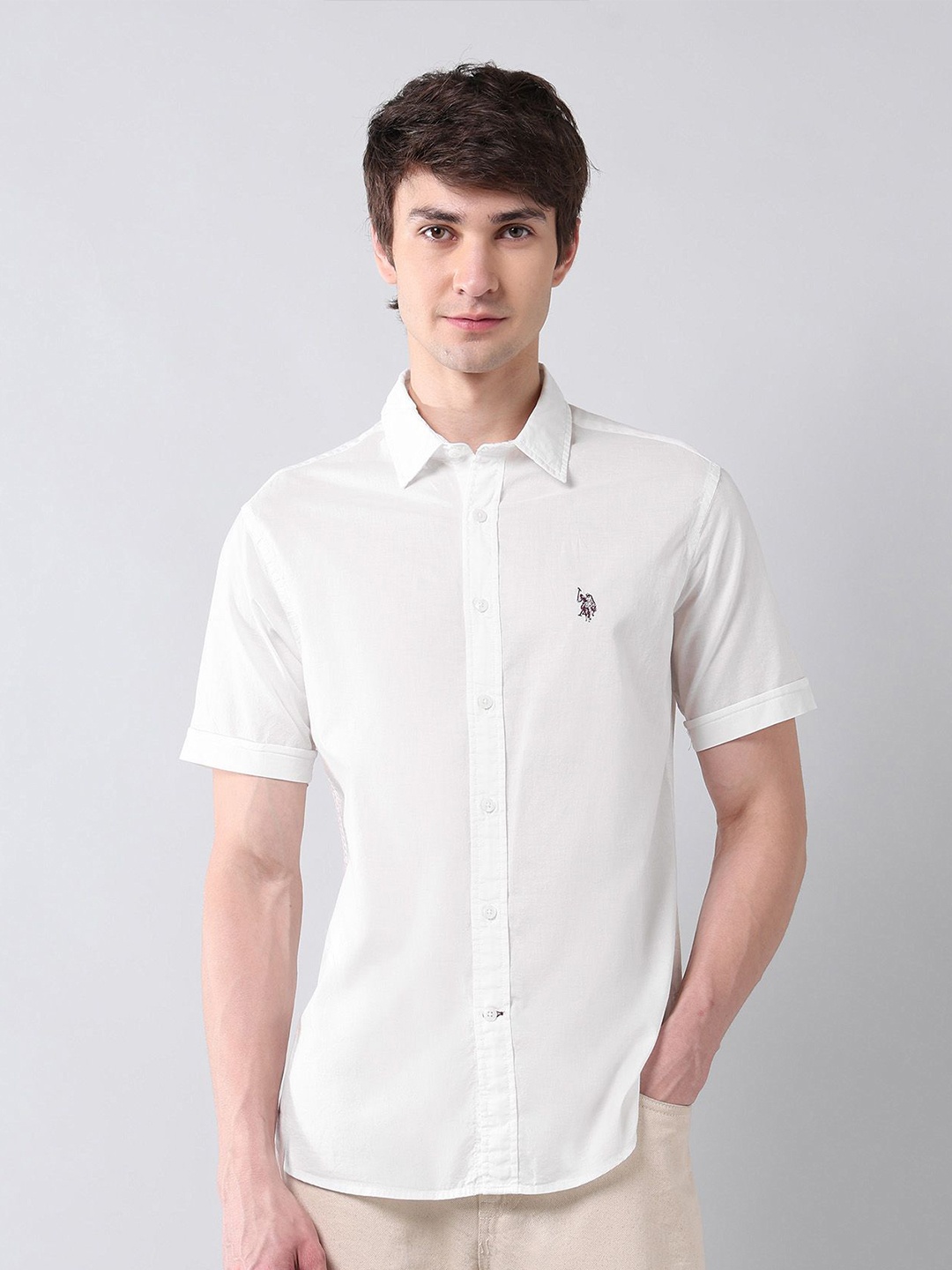 

U.S. Polo Assn. Men Classic Tailored Fit Spread Collar Solid Cotton Casual Shirt, White
