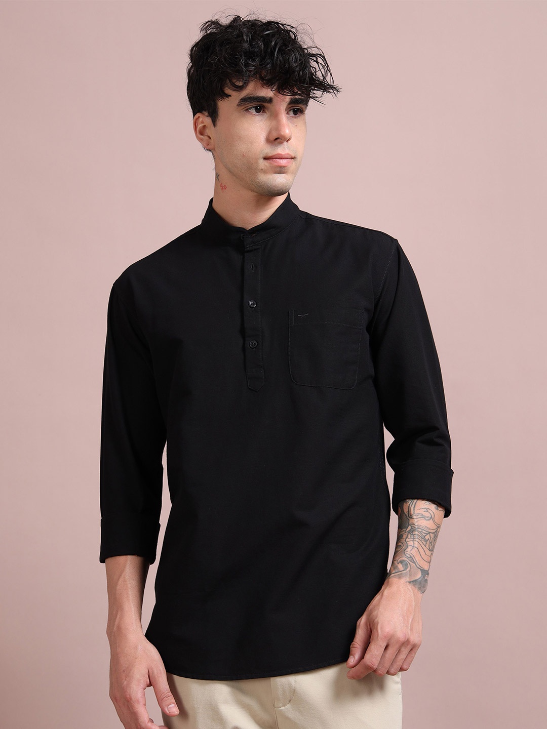 

RIGS AND RAGS Men Classic Fit Mandarin Collar Solid Linen Casual Shirt, Black
