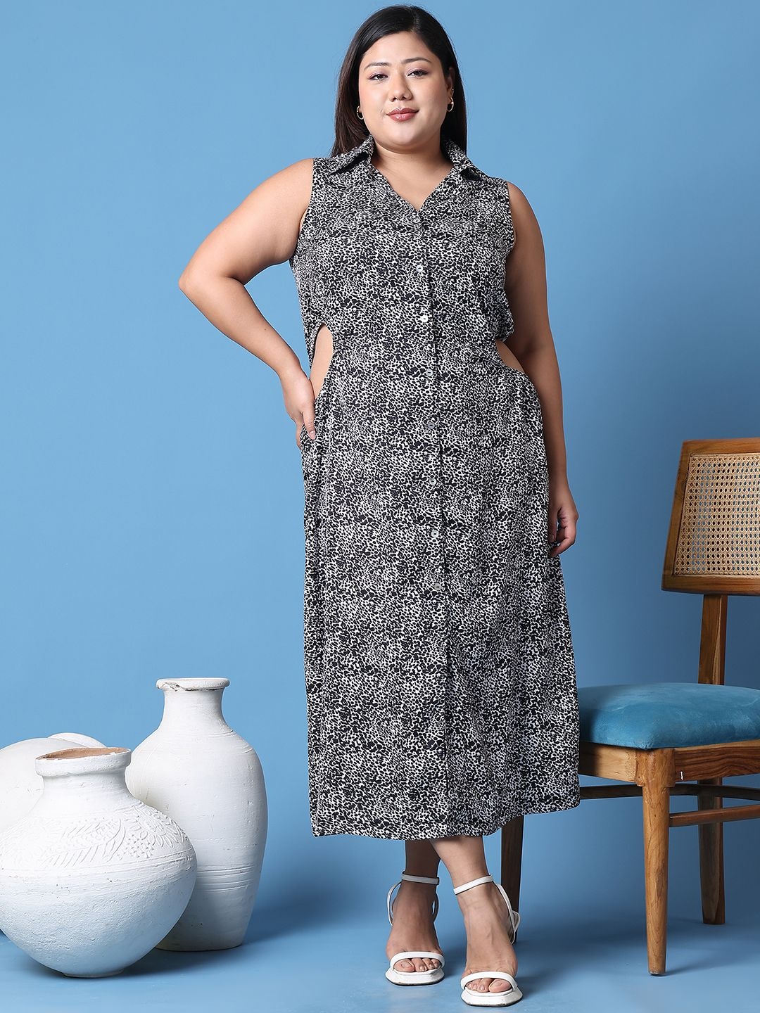 

theRebelinme Women Animal Printed A-Line Midi Dress Plus size, Black