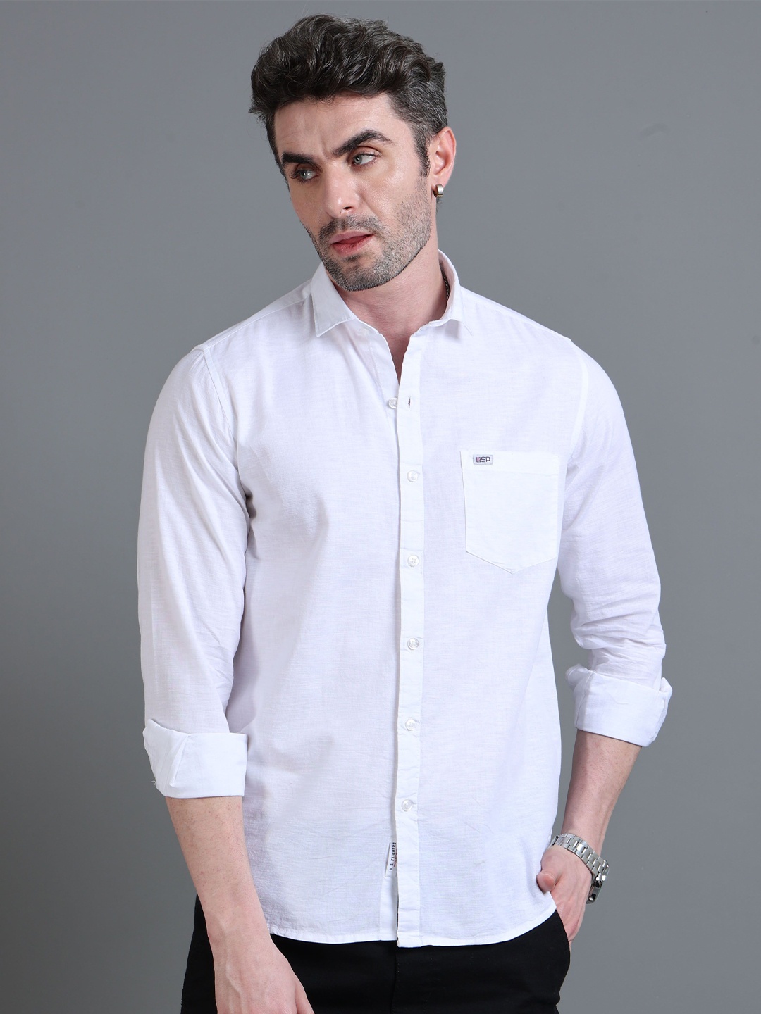 

U.S. PITCHERS Men Smart Slim Fit Spread Collar Solid Casual Shirt, White
