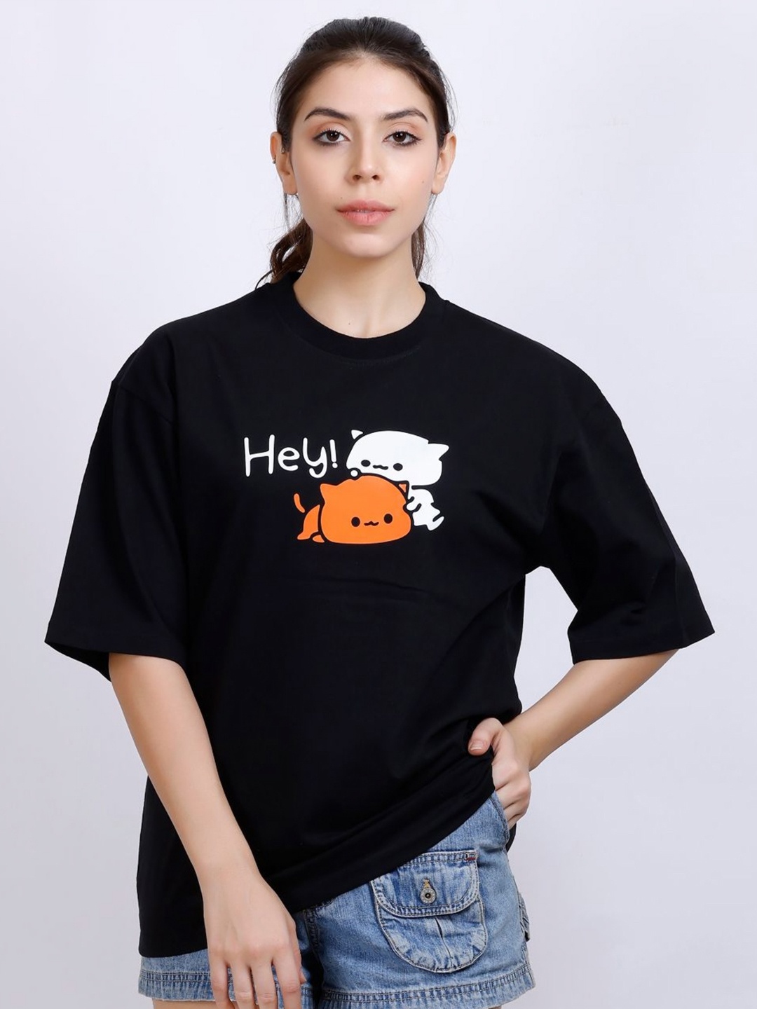 

MX Miazi Xchange Women Typography Printed Applique T-shirt, Black