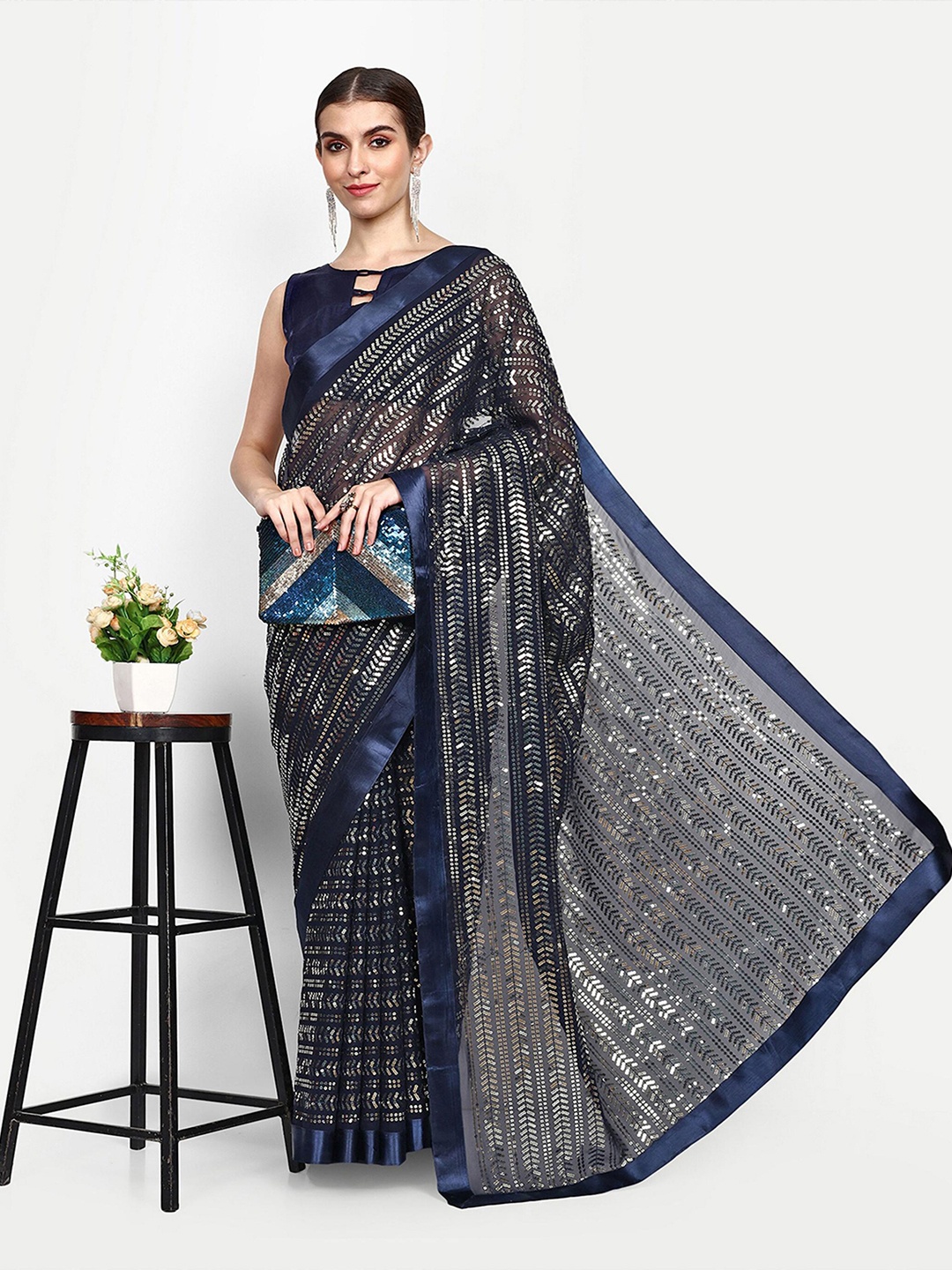 

THE52 Embellished Sequinned Saree, Blue