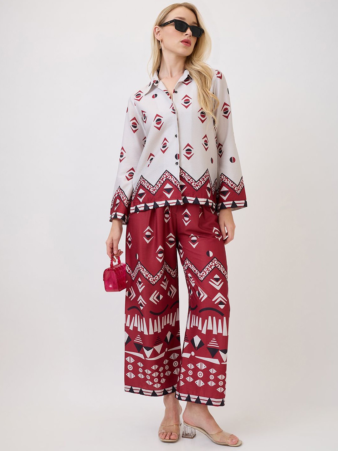 

AmarAsha Geometric Printed Long Sleeves Shirt With Palazzo, Red