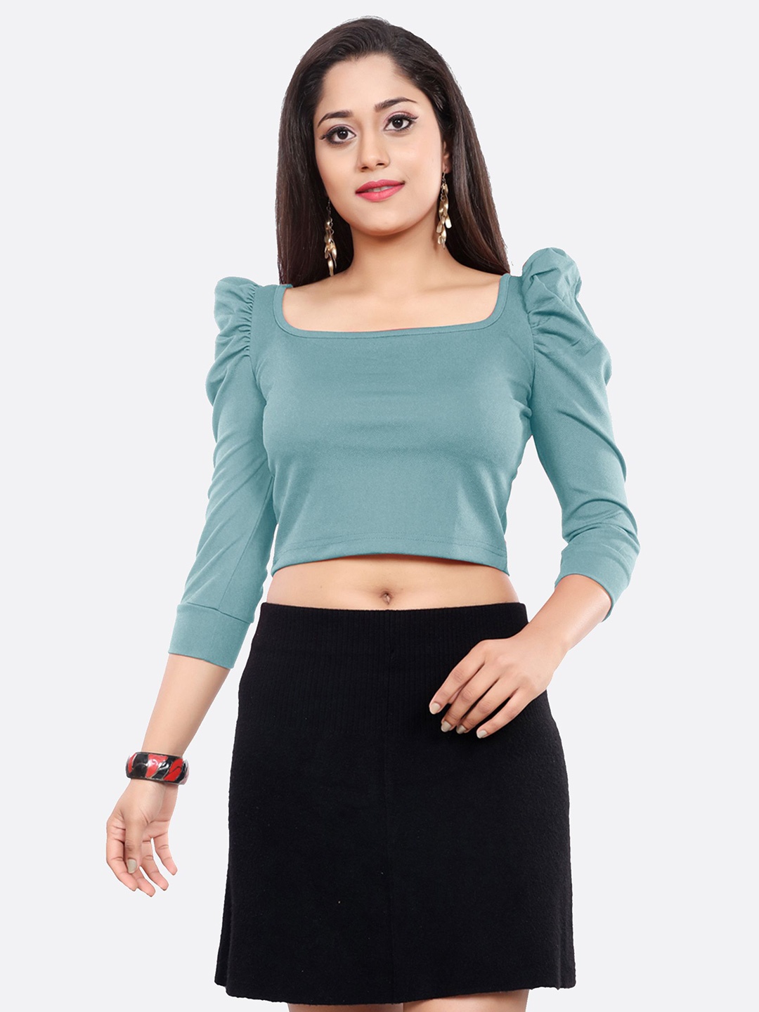 

DressBerry Women Square Neck Puff Sleeve Crop Fitted Top, Turquoise blue