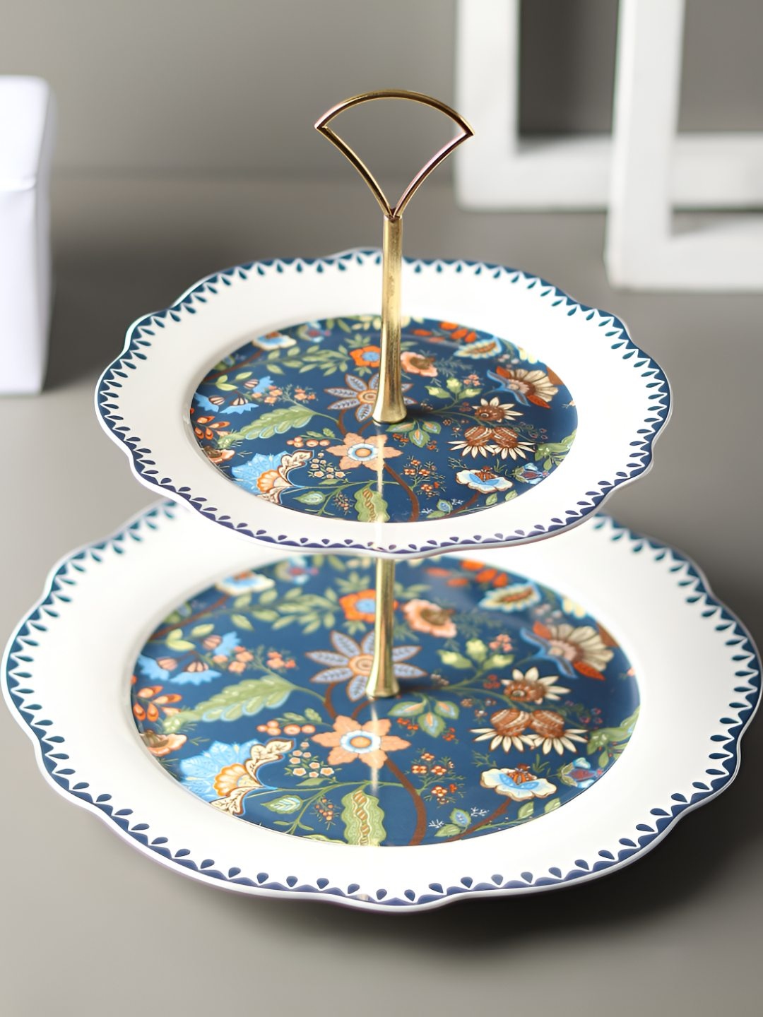 

LEMONTREE Navy Blue & White Floral Printed Ceramic 2 Tier Serving Platter