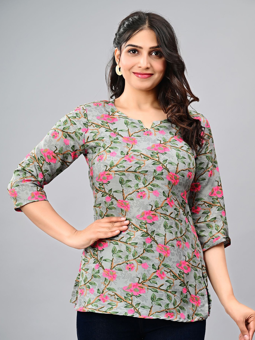 

KALINI Floral Printed Pure Cotton Kurti, Grey
