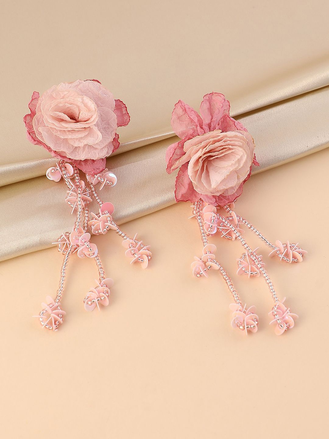 

SOHI Silver-Plated Floral Shaped Artificial Beads Drop Earrings, Pink