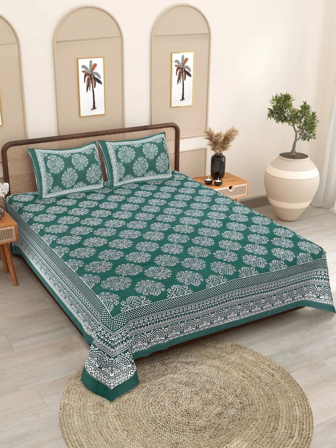 

Texstylers Green And White Printed Pure Cotton 186 TC Queen Bedsheet Set - 2.08 m X 2.28 m