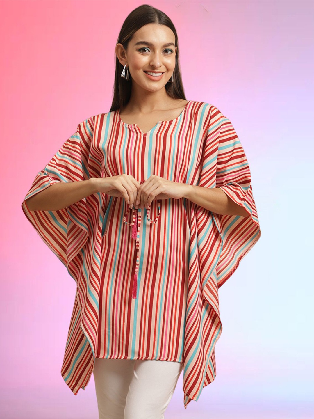 

Tromko Women Stripes Print V-Neck Kimono Sleeves Kaftan Top, Orange