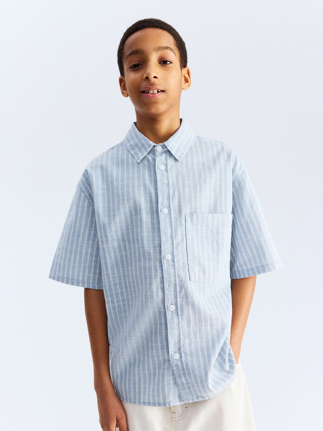 

H&M Short-Sleeved Cotton Shirt, Blue