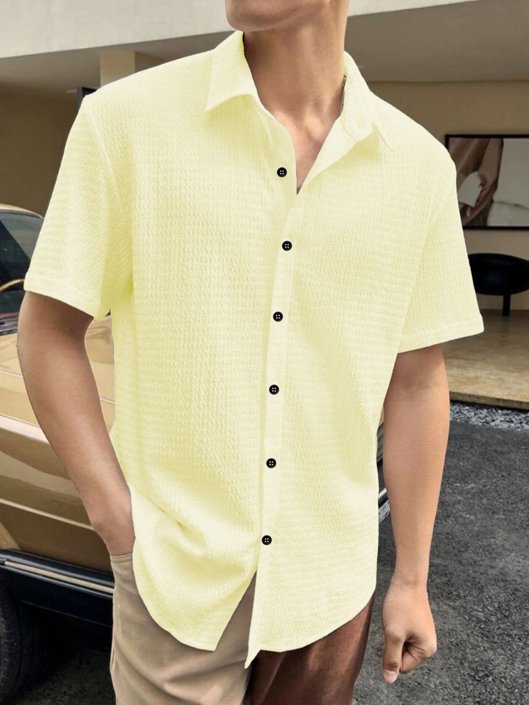 

Metronaut Men Regular Fit Spread Collar Textured Casual Shirt, Yellow